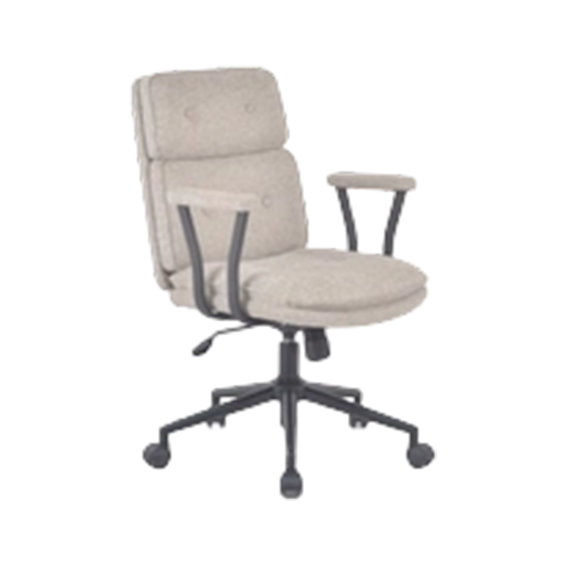 Silla de tela acolchada con respaldo medio, brazos de acero y base desmontable compacta