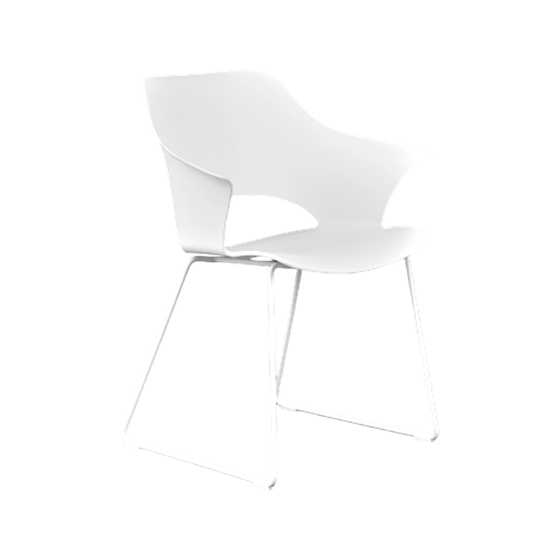 Silla de comedor con carcasa de polipropileno moldeado y patas de acero blanco, perfil apilable